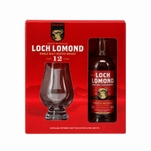 loch lomond 12 year old gift pack in a red box 20cl bottle with glass. Front image