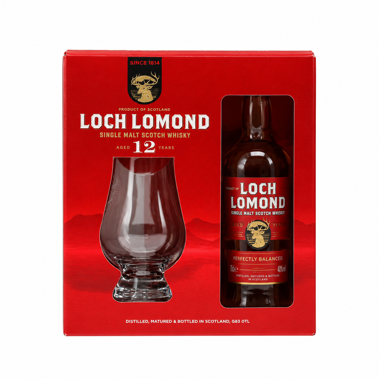 loch lomond 12 year old gift pack in a red box 20cl bottle with glass. Front image
