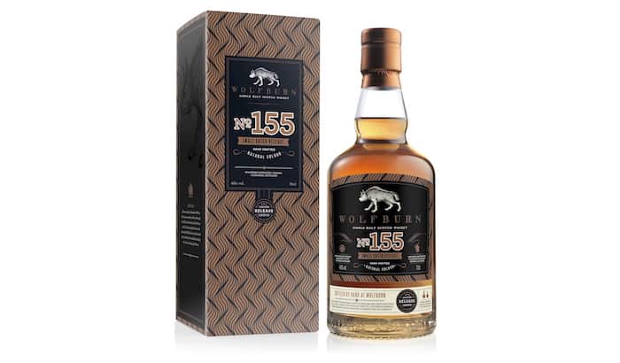 wolfburn 155 bottle front standing beside box