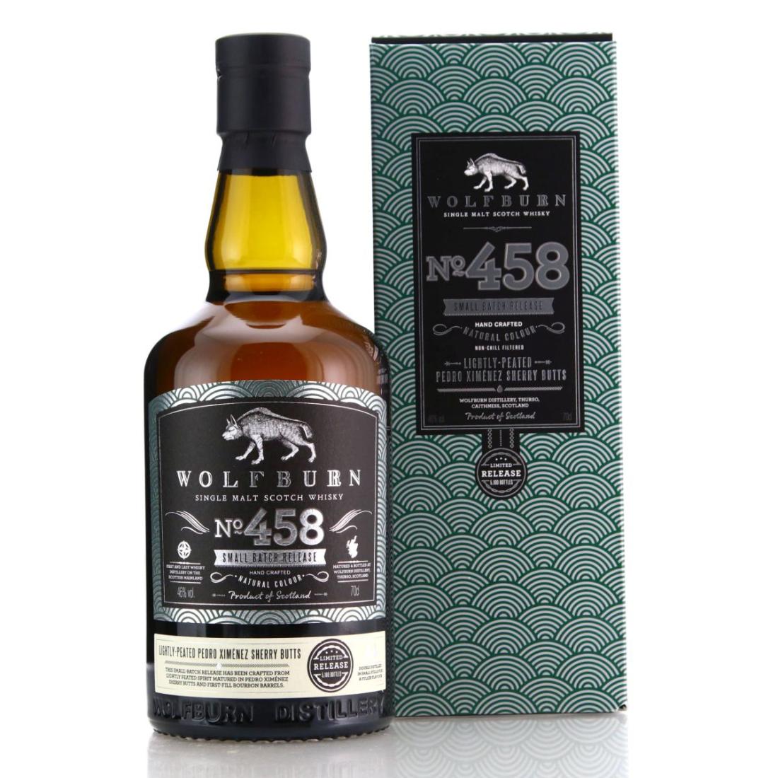 wolfburn 458 bottle beside cardboard box