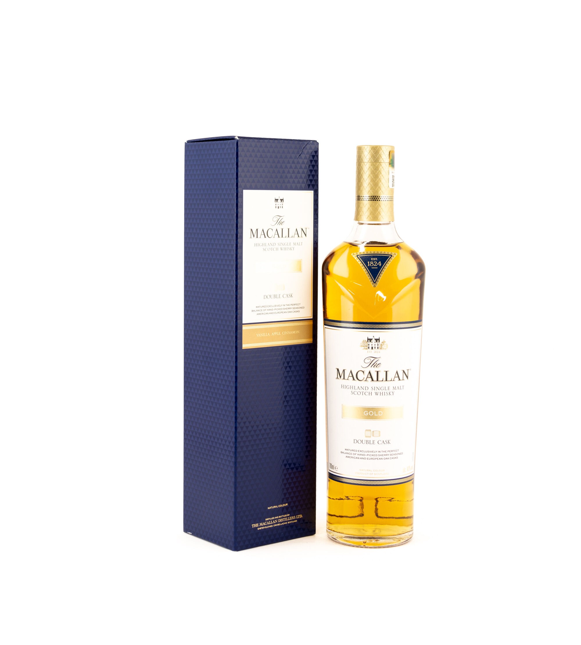 macallan gold double cask bottle beside box front