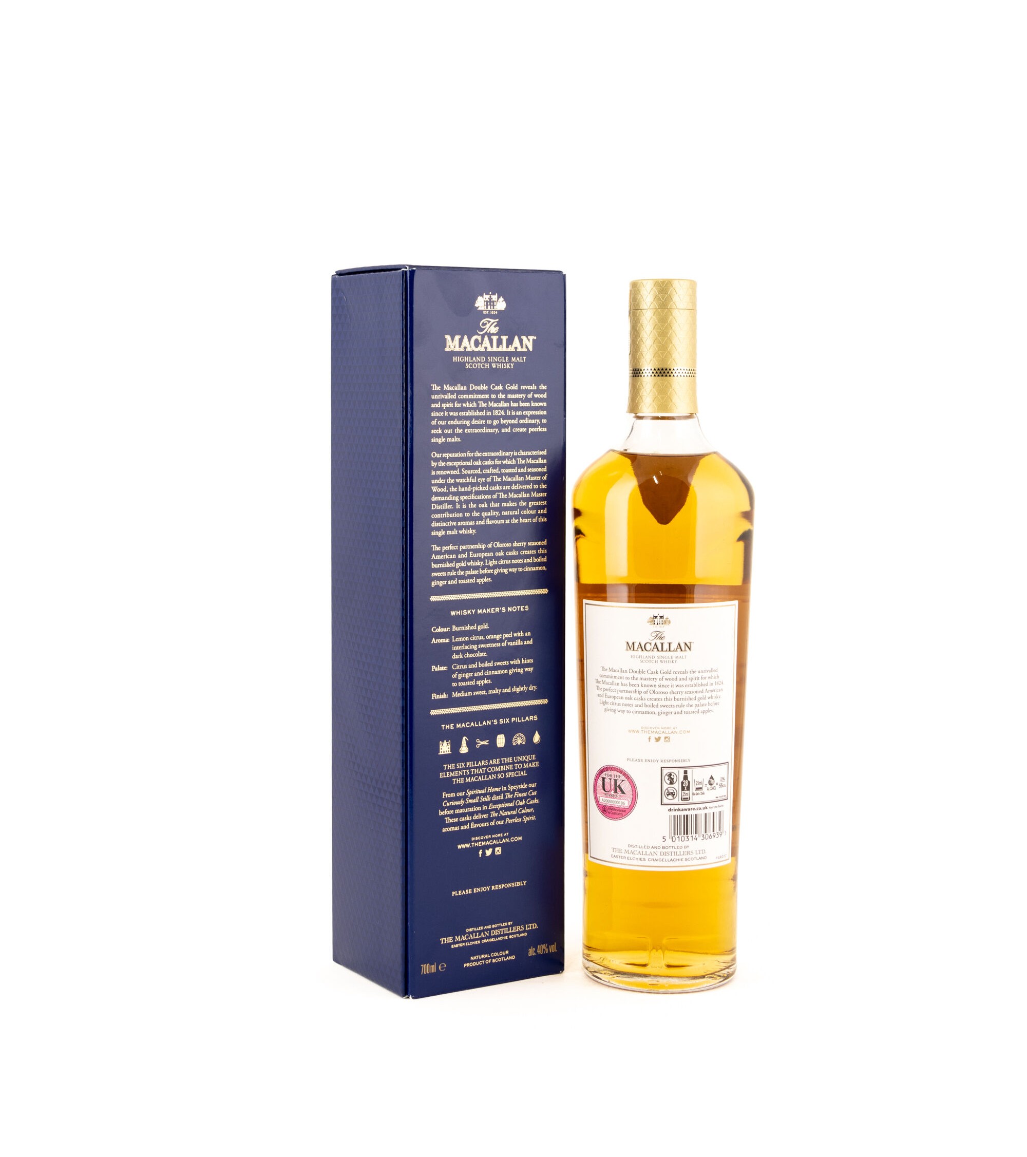 macallan gold double cask bottle beside box rear