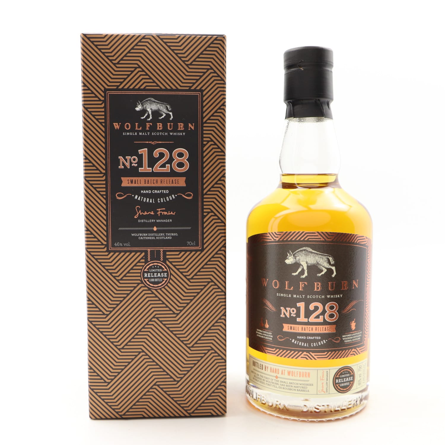 wolfburn 128 bottle standing beside box