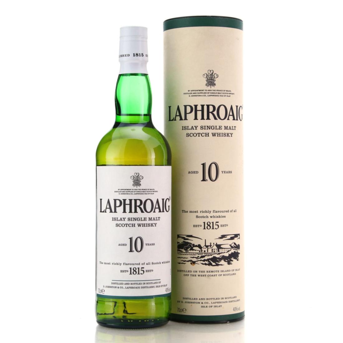 laphroaig 10 year old bottle beside tin front