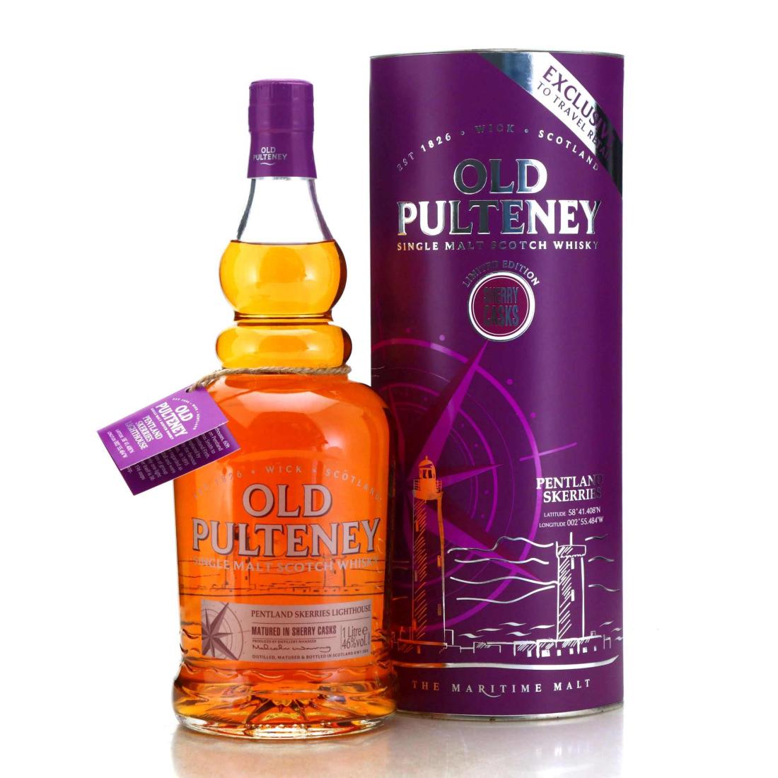 old pulteney pentland skerries bottle beside tin showing front label