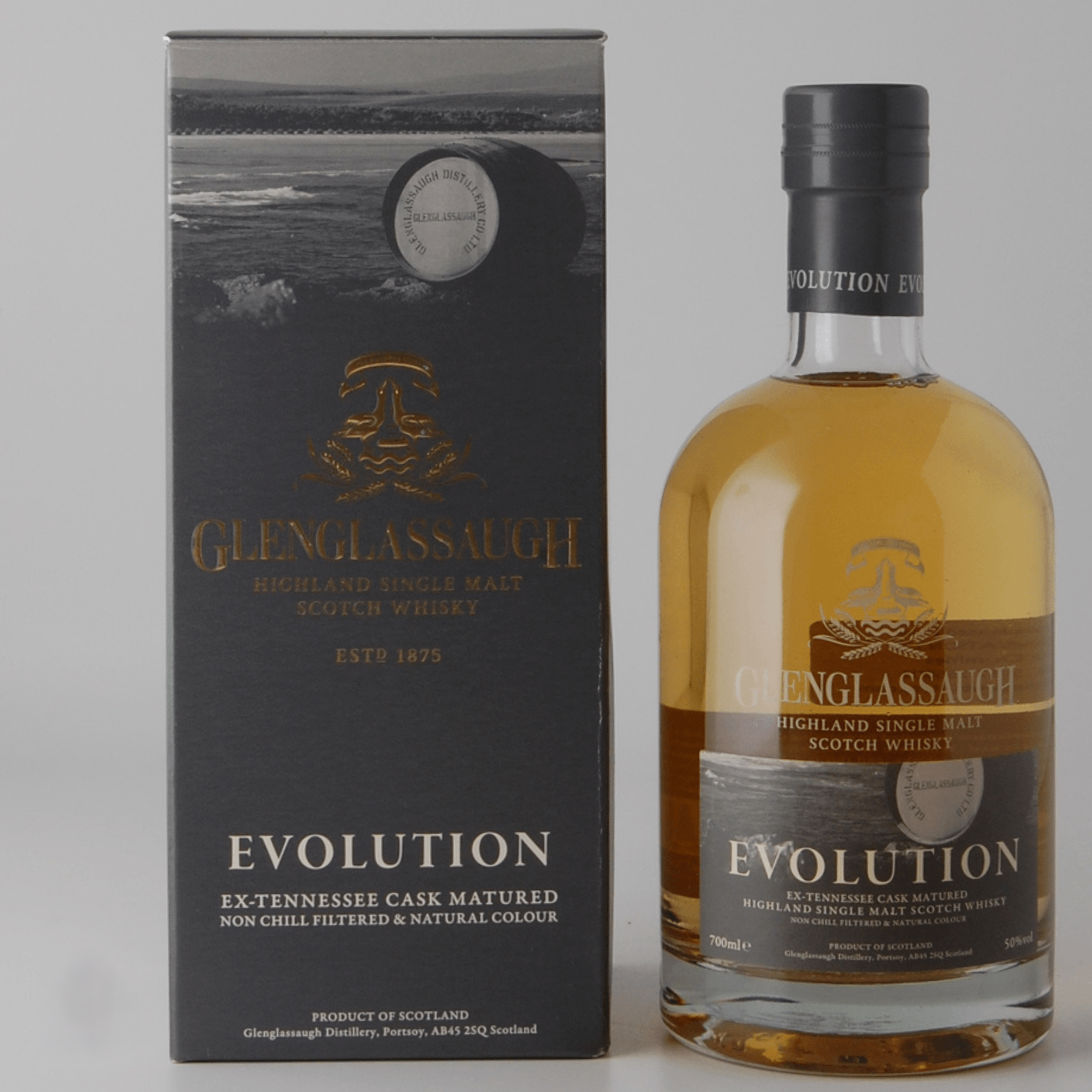 glenglassaugh evolution bottle beside box nothing but whisky