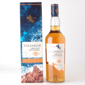 talisker 10 year old box beside bottle