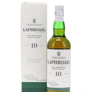 laphroiag 10 year old -boxed bottle standing beside cardboard box
