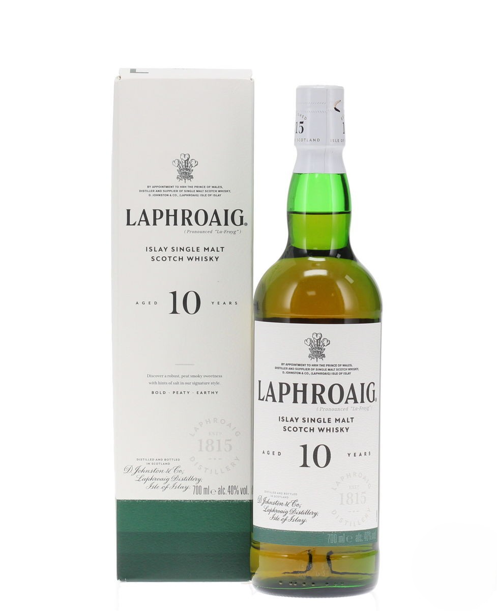 laphroiag 10 year old -boxed bottle standing beside cardboard box