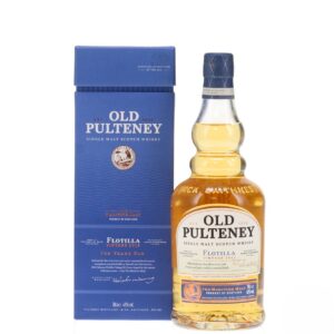 old pulteney 2012 flotilla bottle standing beside blue presentation box
