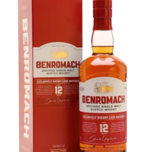 benromach 12 year old bottle standing beside red box