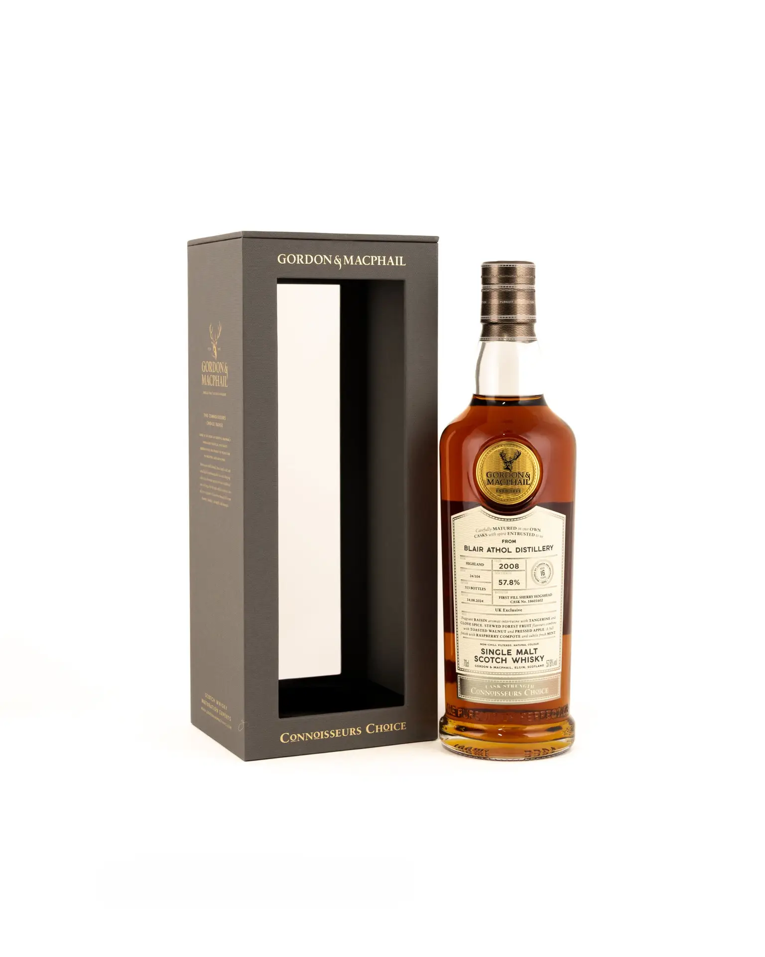 g&m connoisseurs choice blair athol 2008 16 year old bottle with white label standing beside a grey presentation box