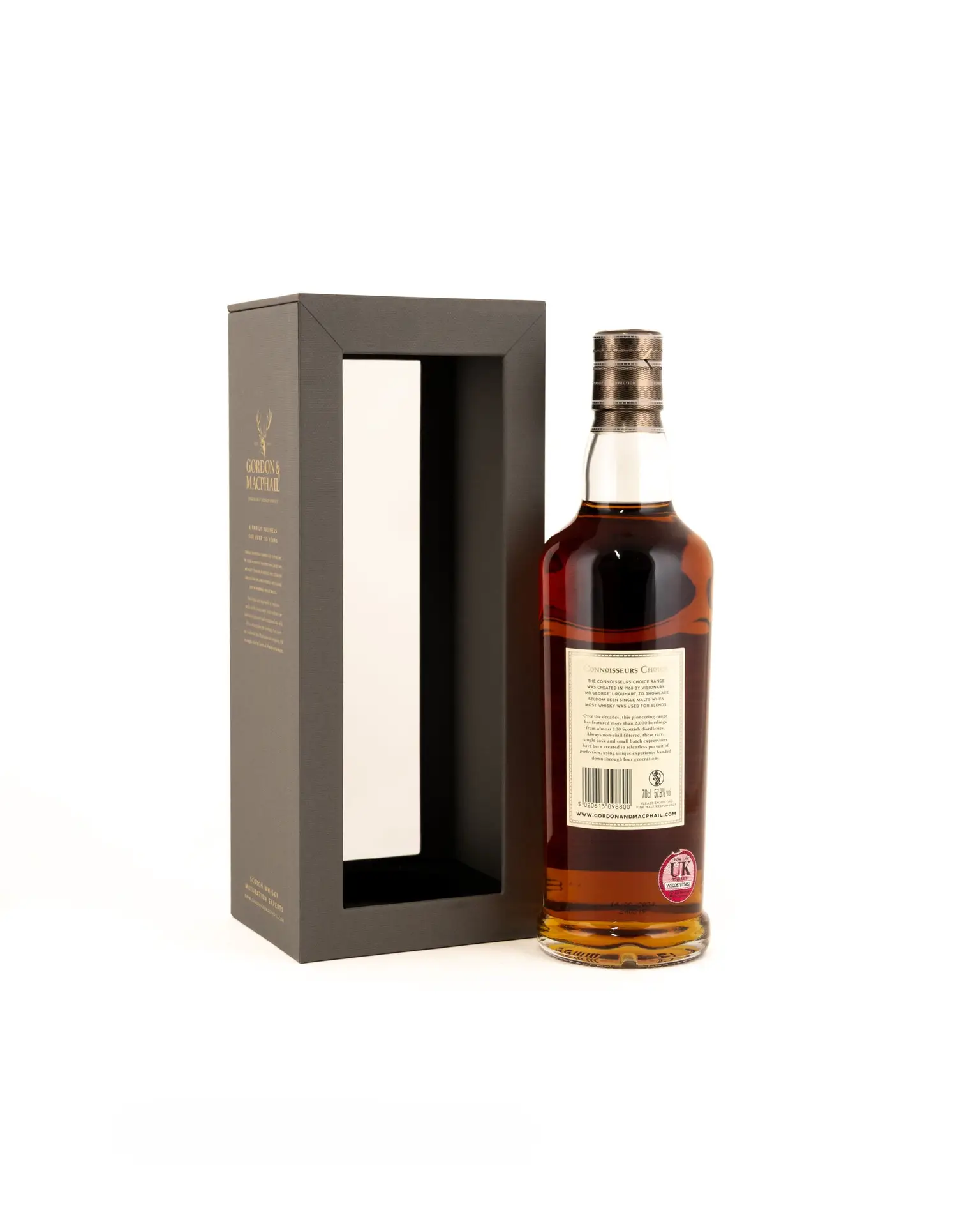 g&m connoisseurs choice blair athol 2008 16 year old bottle with white label standing beside a grey presentation box rear label