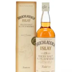 bruichladdich 15 year old clear bottle standing beside a cream box, front image