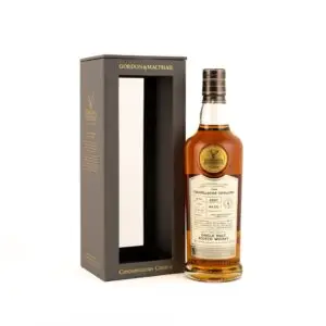 g&m connoisseurs choice craigellachie 2007 16 year old bottle with white label standing beside a grey presentation box front view