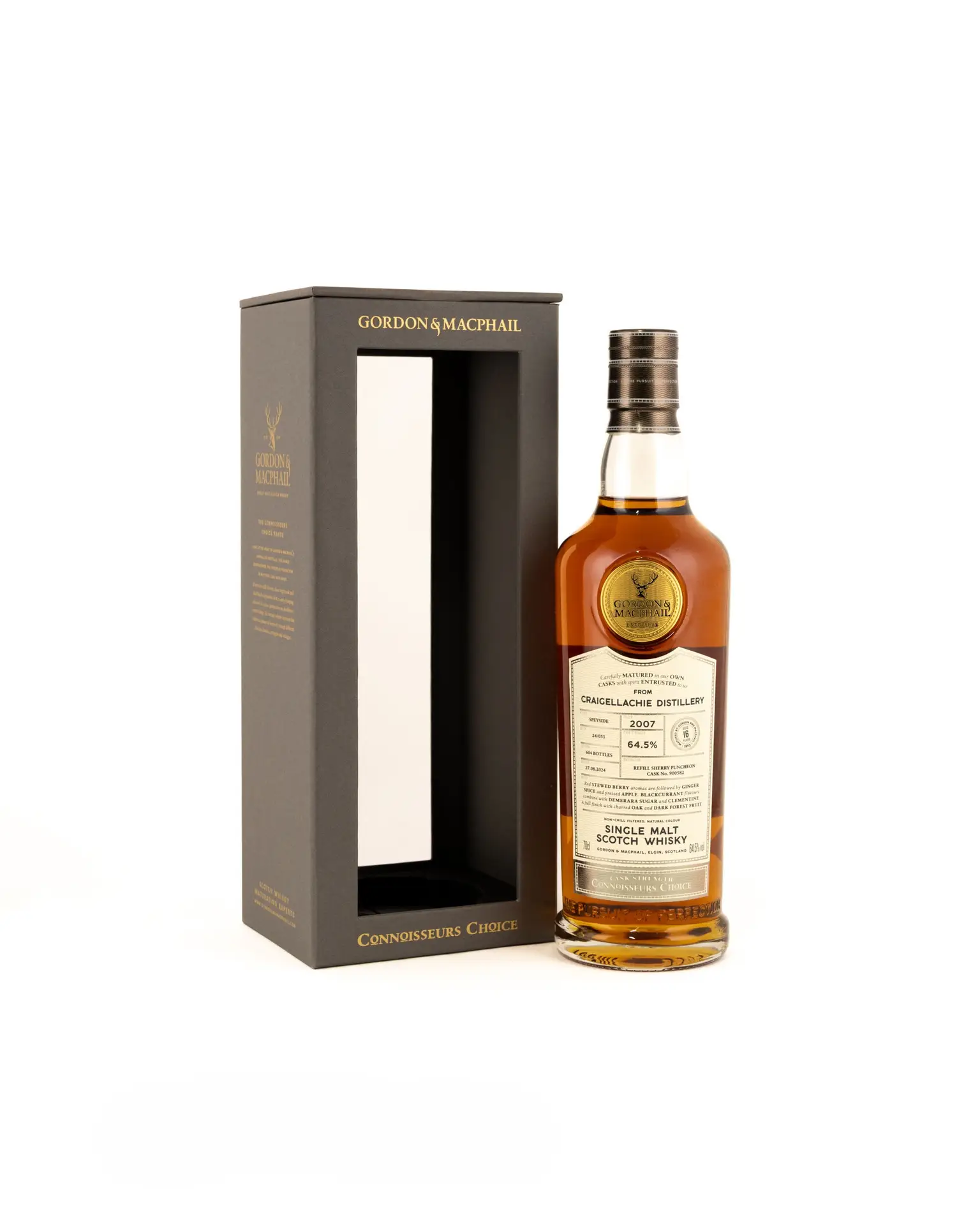 g&m connoisseurs choice craigellachie 2007 16 year old bottle with white label standing beside a grey presentation box front view