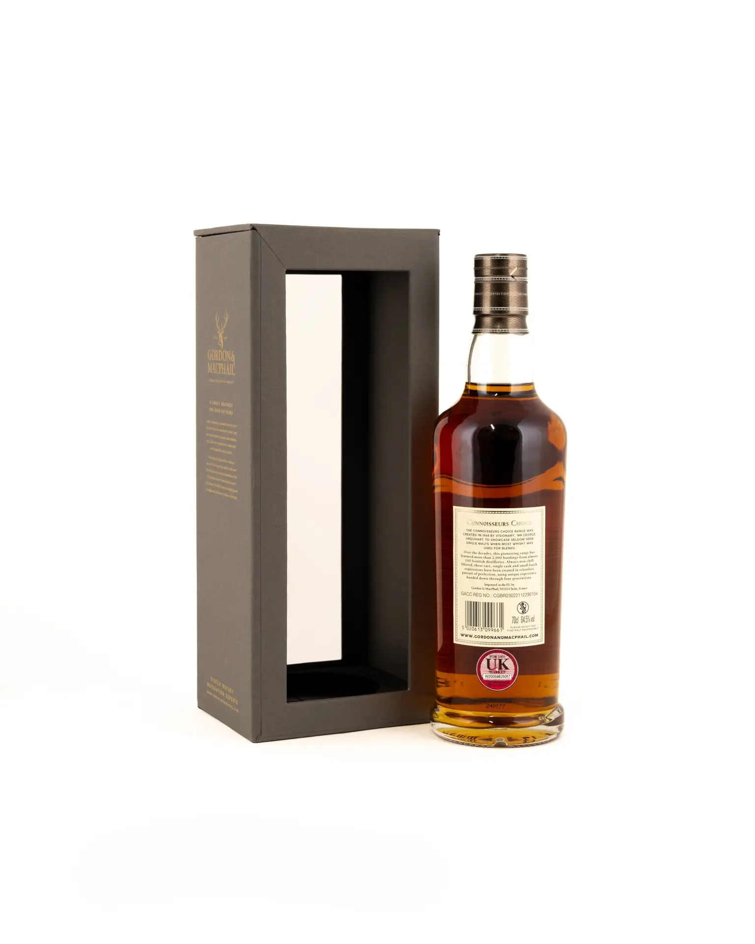 g&m connoisseurs choice craigellachie 2007 16 year old bottle with white label standing beside a grey presentation box rear view