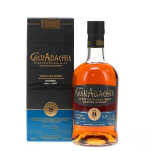 glenallachie 8 year old scottish oak cask finish bottle standing beside the box