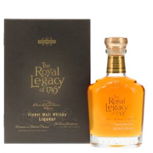 drambuie royal legacy of 1745 bottle standing beside box