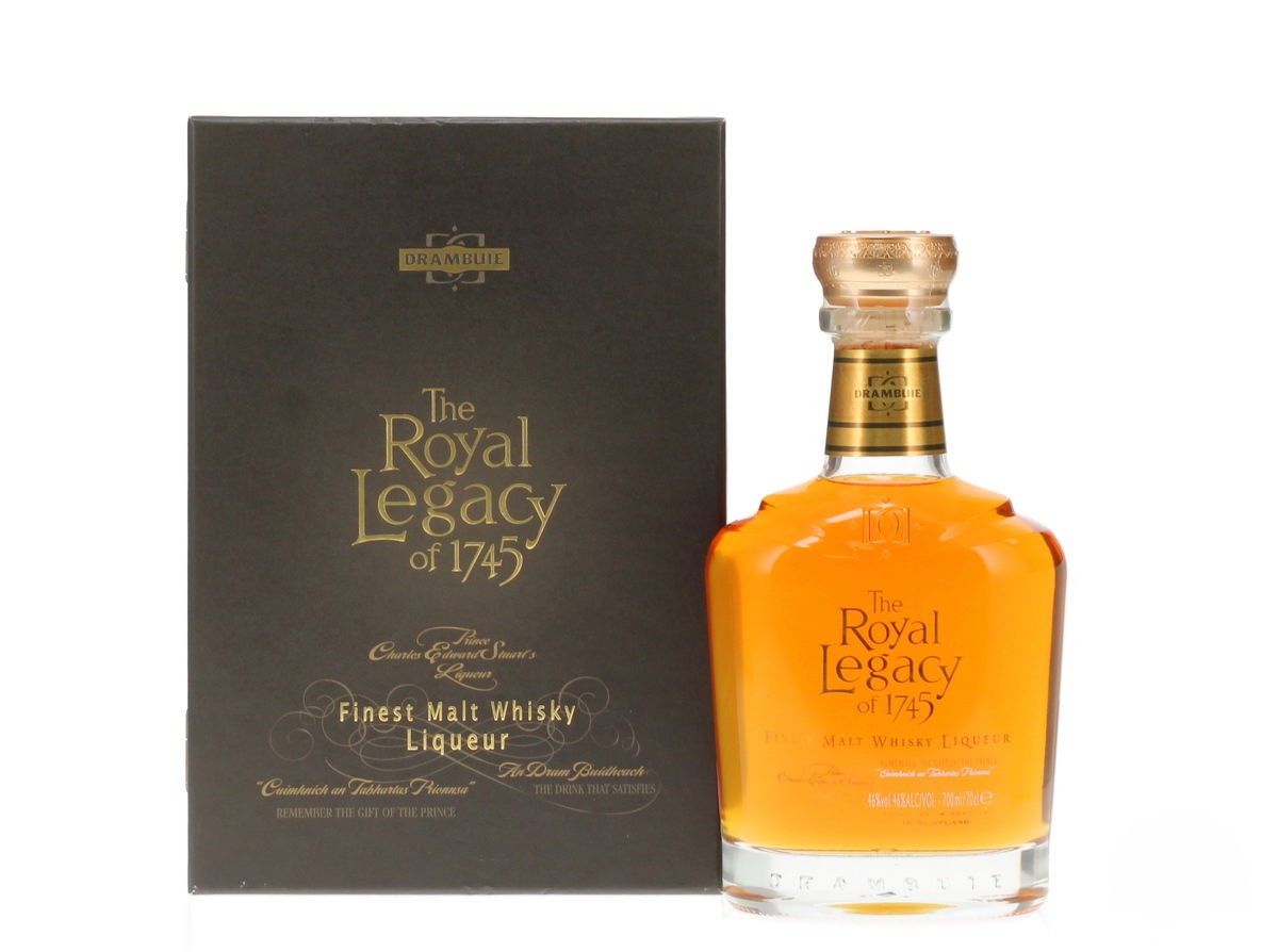 drambuie royal legacy of 1745 bottle standing beside box