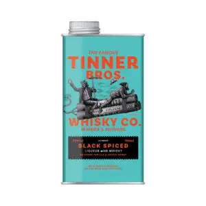 tinner bros black spiced whisky liqueur teal metal tin standing alone