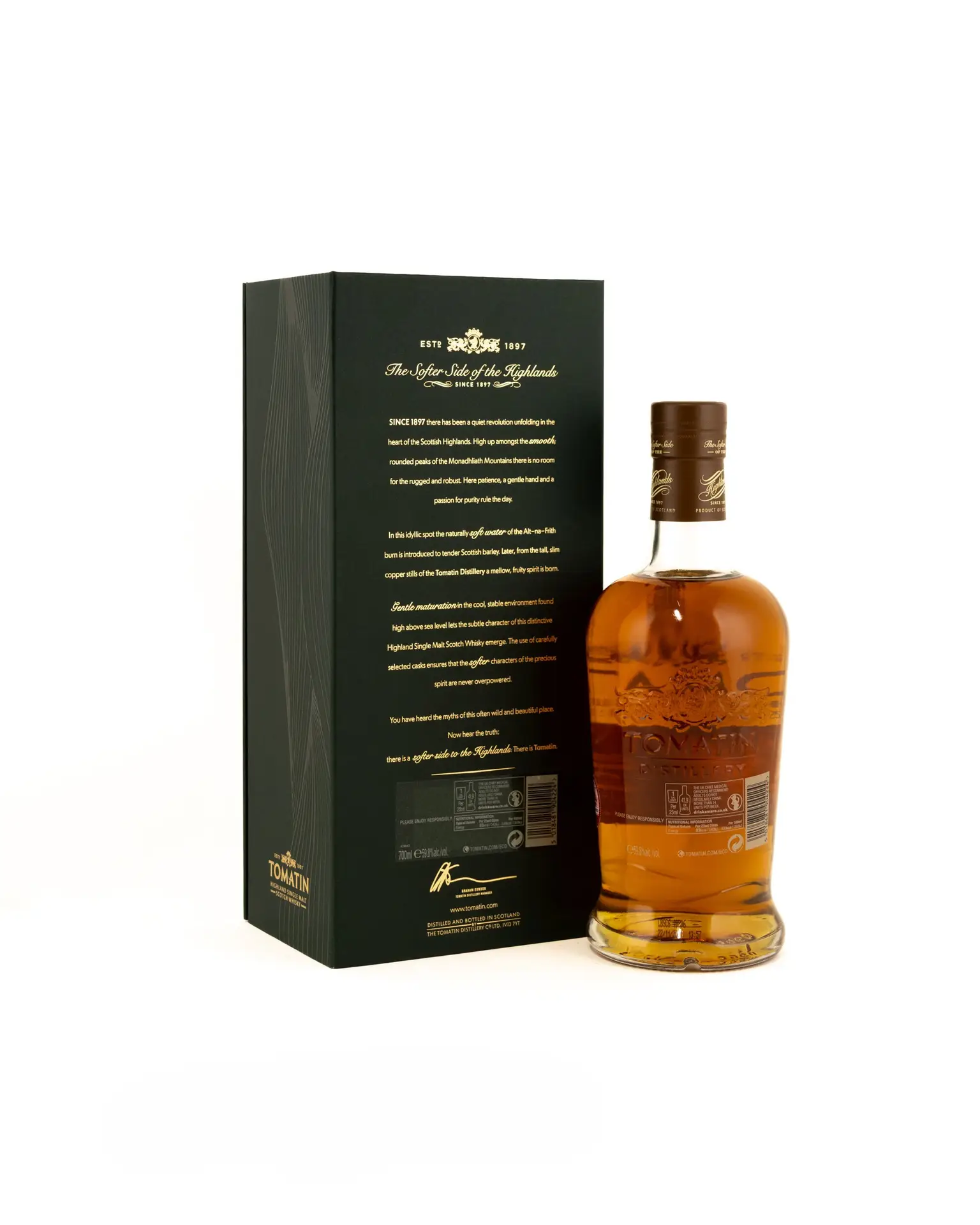 tomatin 2009 12 year old single cask bottle with cream label standing beside a green wooden presentation box rear