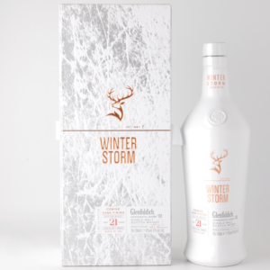 glenfiddich 21 year old experimental series #3 Winter Storm white bottle front standing beside white box